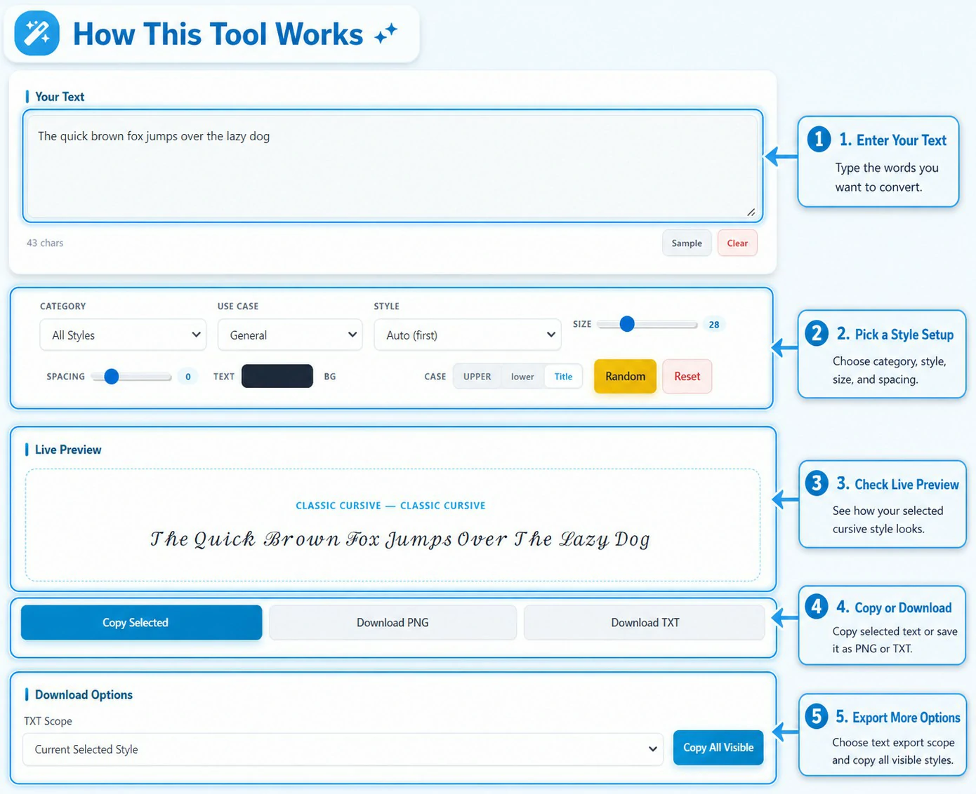 Cursive Generator tool overview showing text input, category controls, live preview, and copy or download options