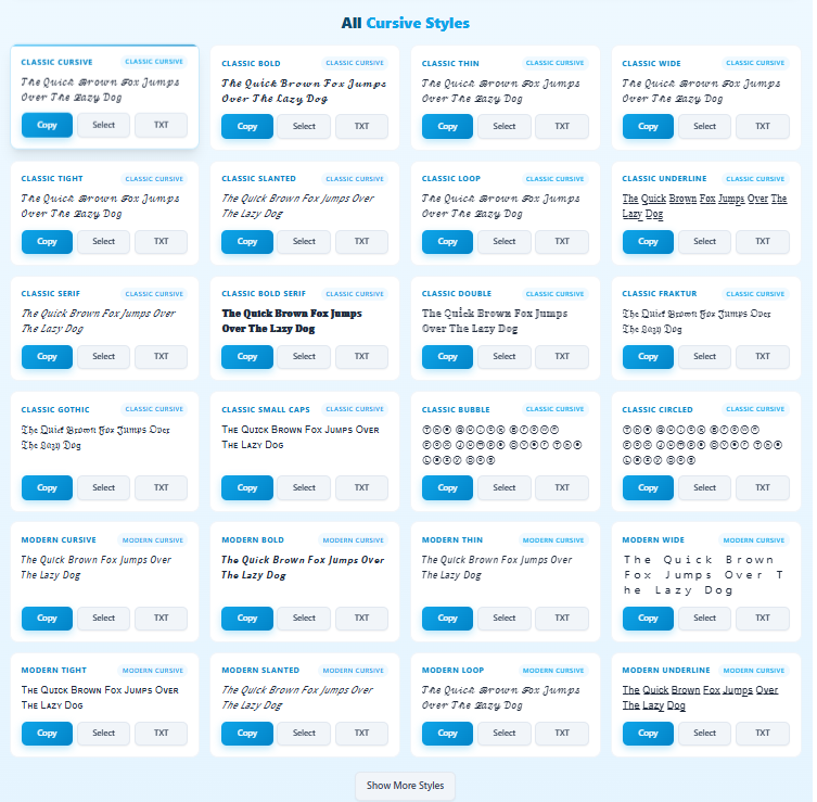 Cursive styles grid showing preview text with Copy, Select, and TXT download buttons