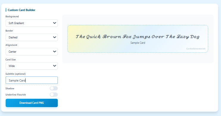 Custom Card Builder tool interface showing background, border, alignment, and card styling options with a live preview.