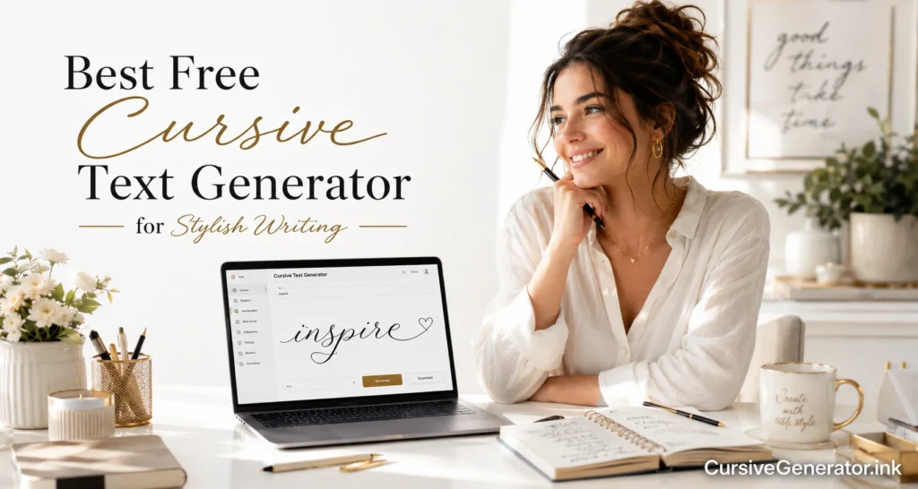 Bright white modern desk scene with a woman using a laptop showing a cursive text generator interface, notebook and pen on the table, and CursiveGenerator.ink logo in the corner.