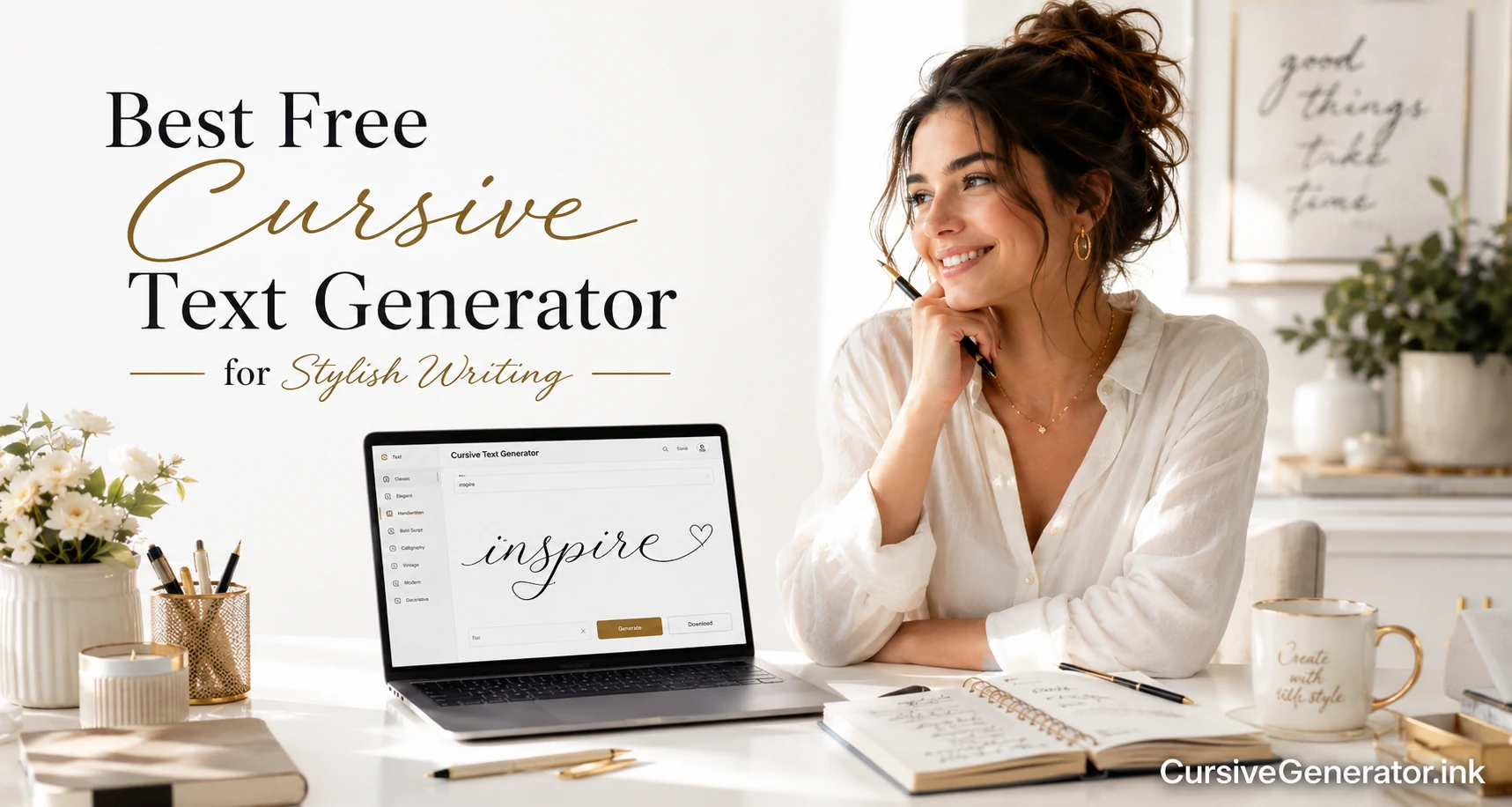 Bright white modern desk scene with a woman using a laptop showing a cursive text generator interface, notebook and pen on the table, and CursiveGenerator.ink logo in the corner.