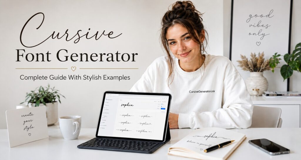 Smiling woman in a bright modern workspace using a tablet with cursive text styles, featuring a Cursive Font Generator theme and CursiveGenerator.ink logo on her white shirt.