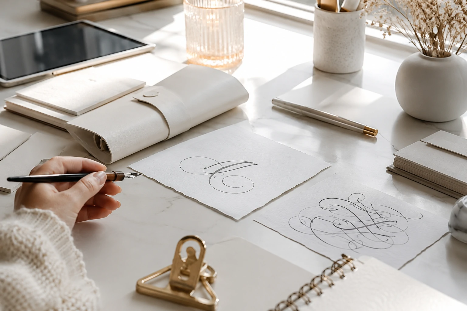 Bright white calligraphy workspace with cursive name style samples on paper, showing clean vs decorative cursive lettering for readable name design.