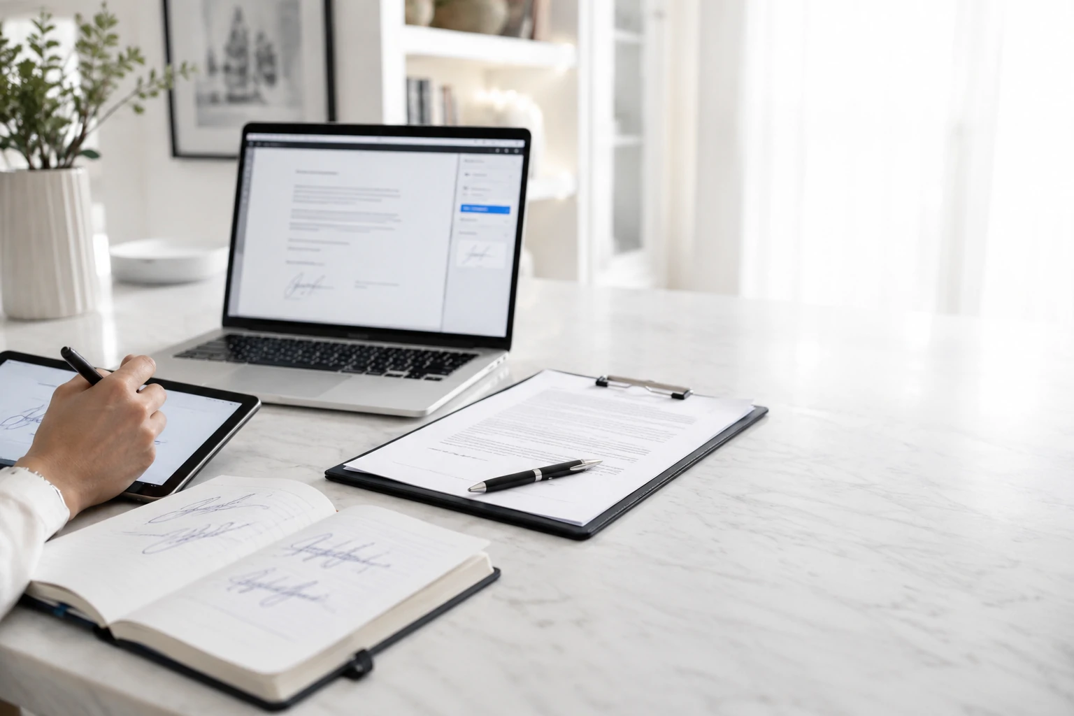 Bright white desk with laptop showing a document signing screen, tablet signature pad, handwritten cursive signature practice notebook, and a printed contract on a clipboard.