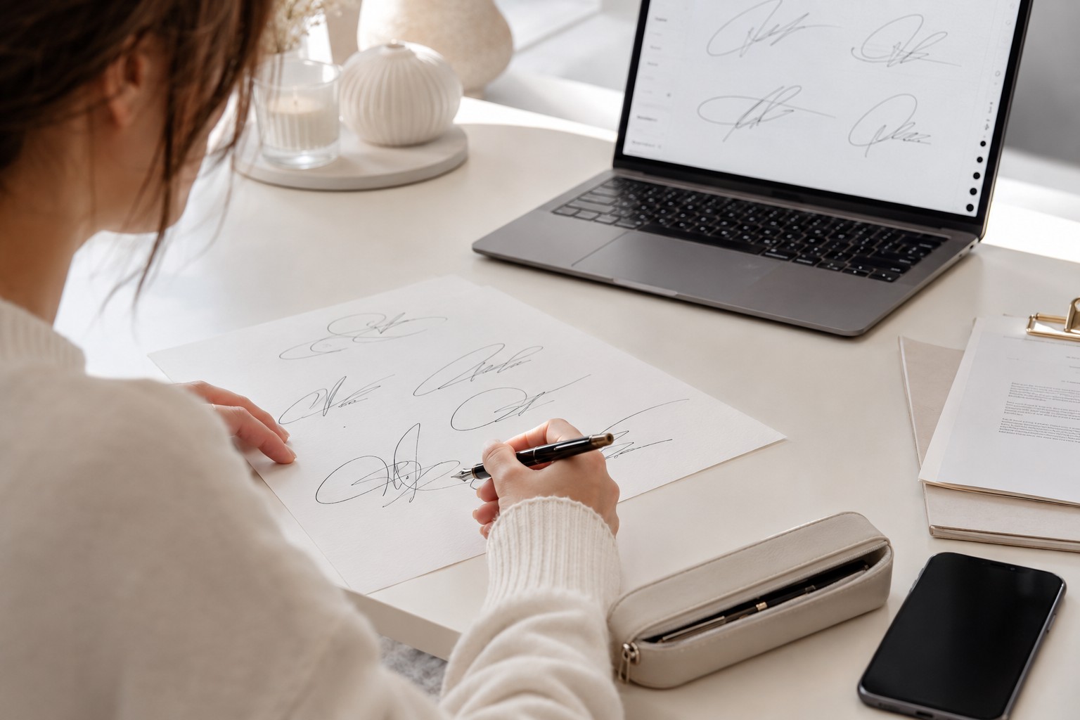Woman testing cursive signature styles at a white desk with handwritten signature sketches on paper and a laptop showing digital signature ideas.