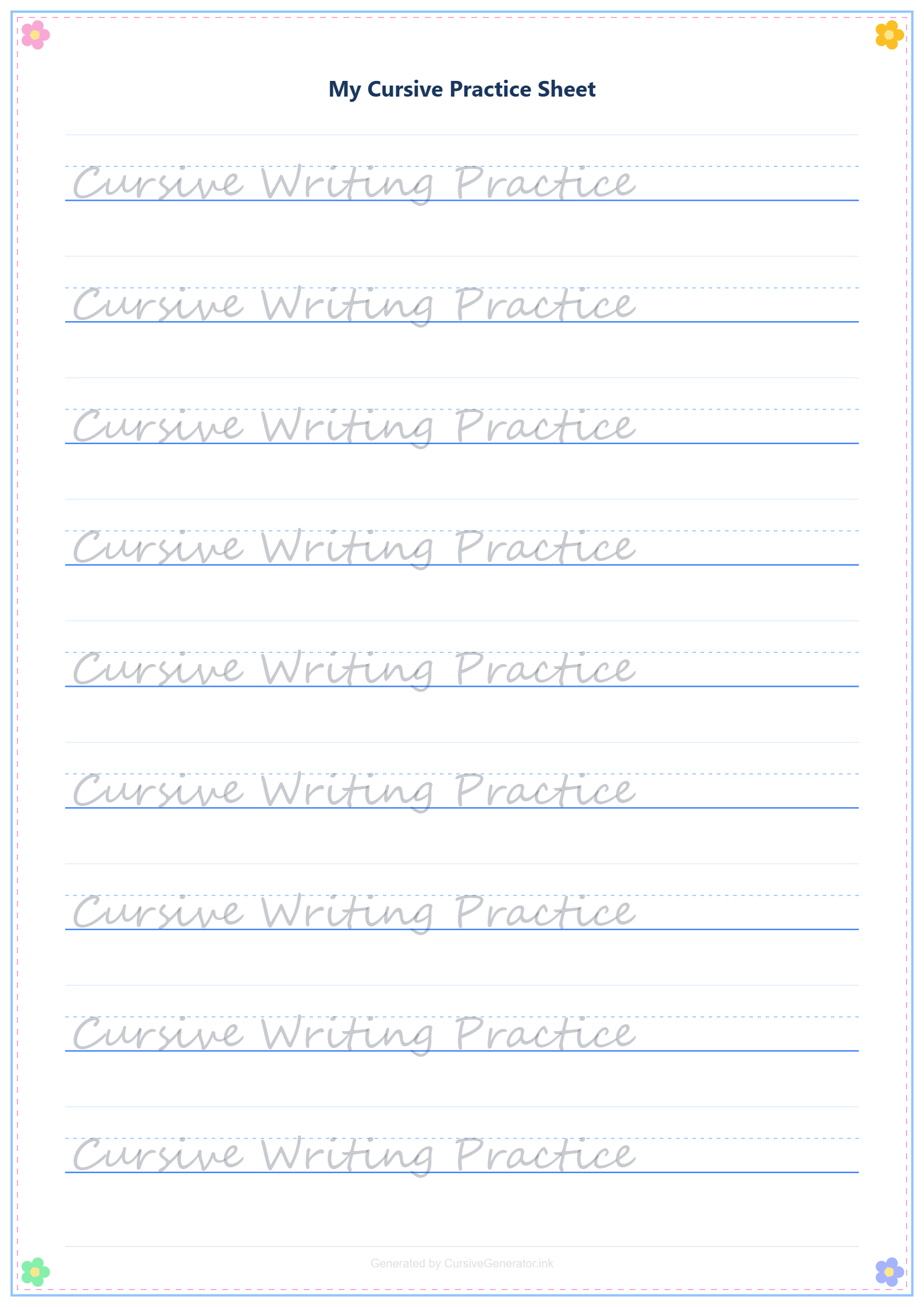 Blue floral corner cursive worksheet design