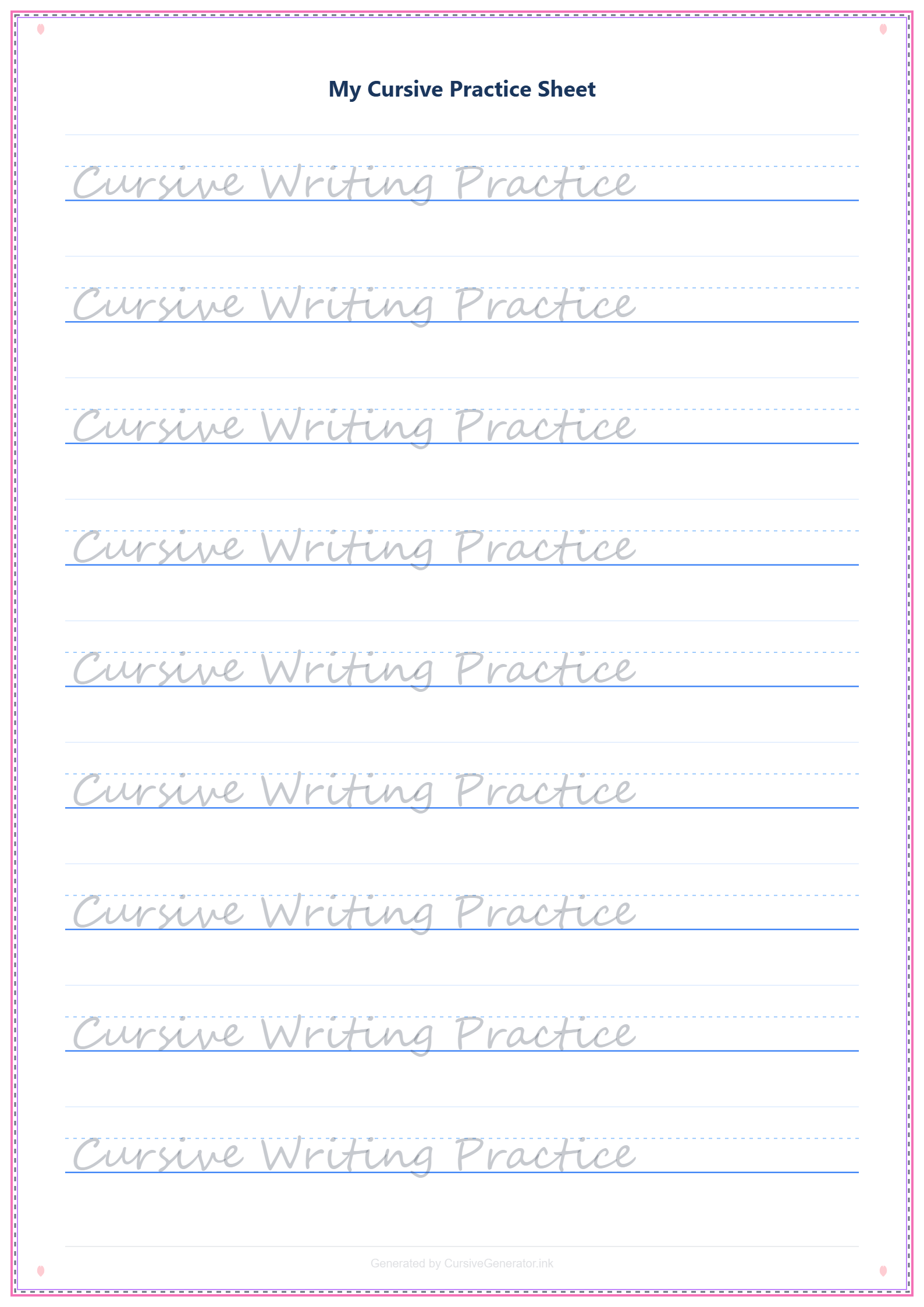 Elegant pink double border cursive worksheet design