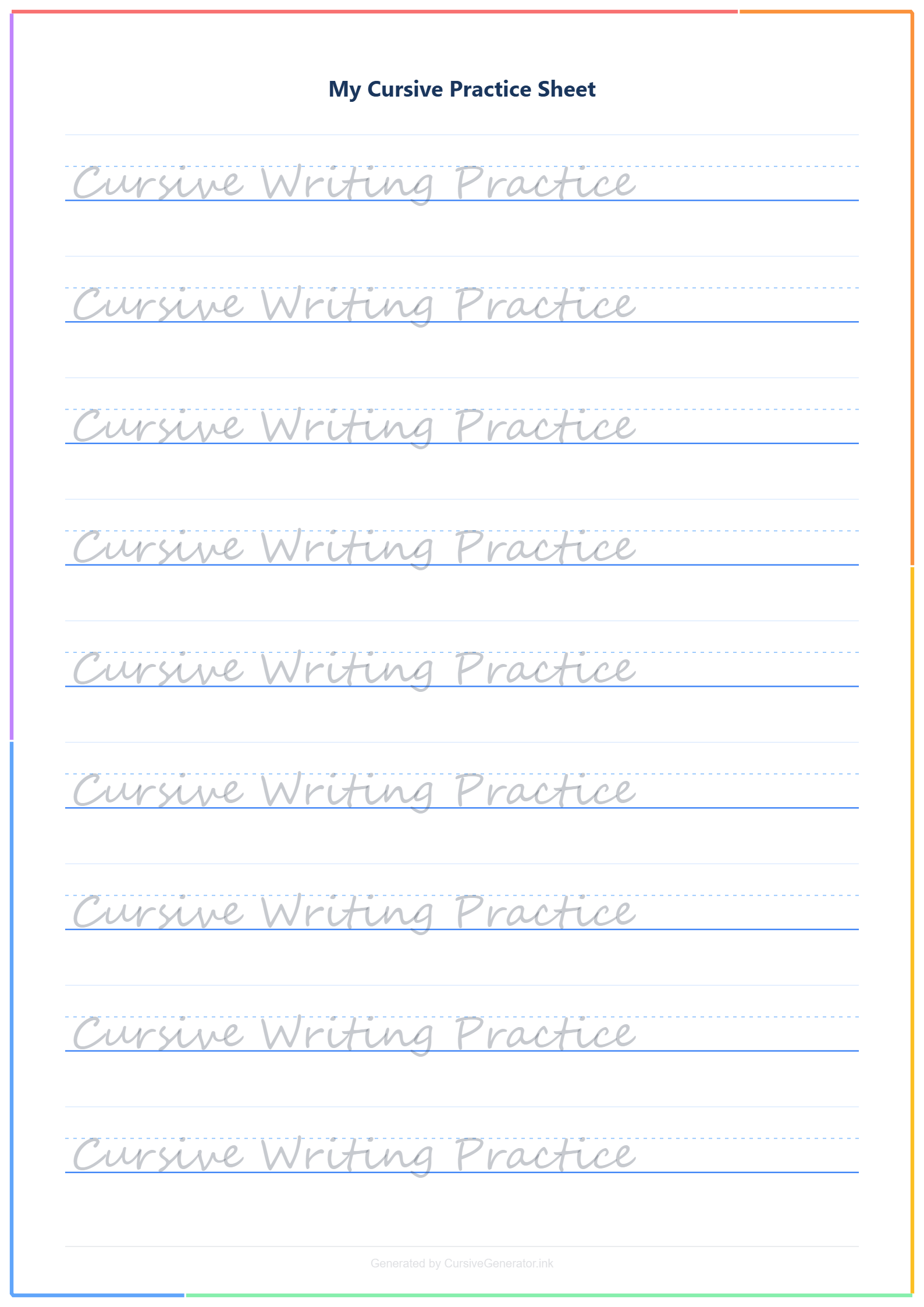 Rainbow border cursive practice sheet design
