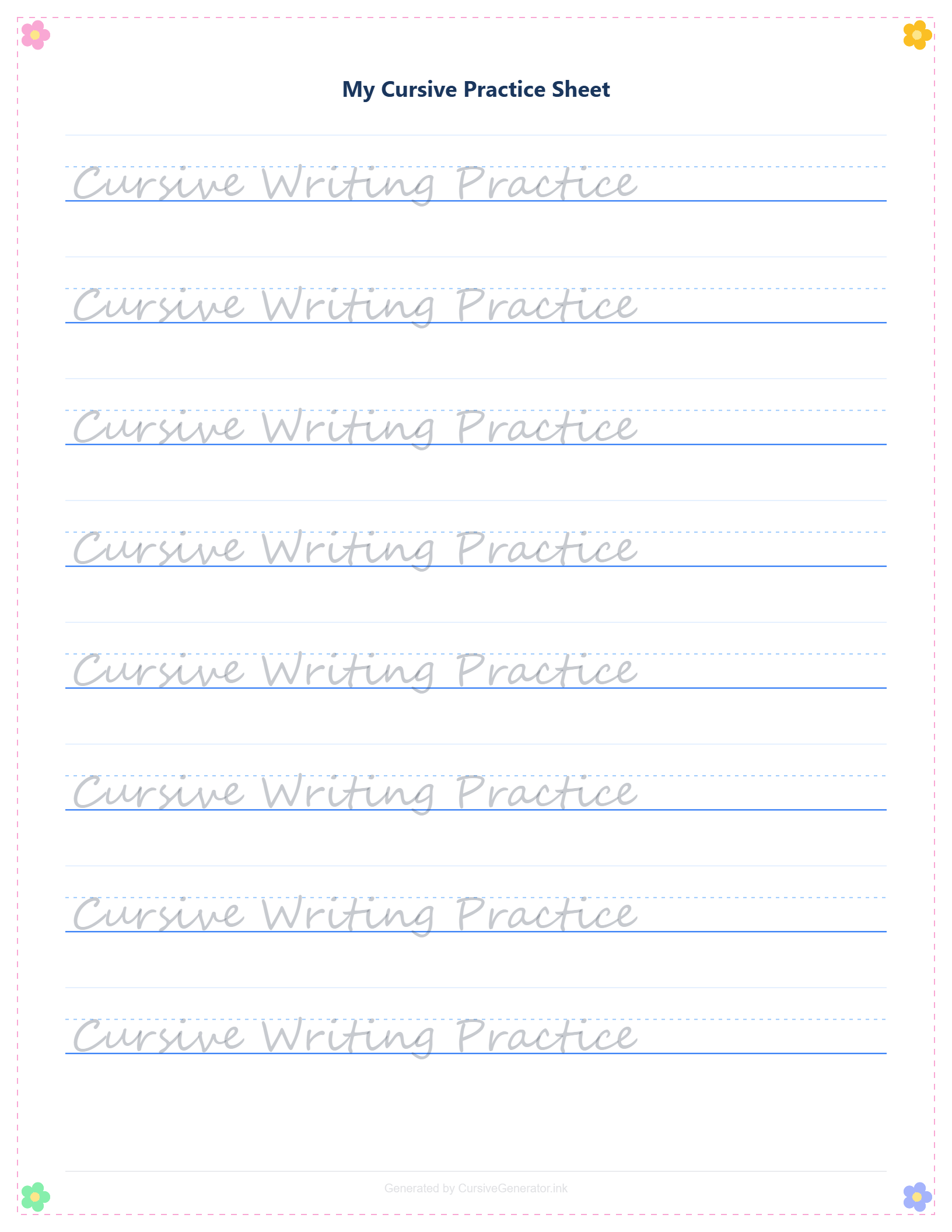 Light cursive worksheet with soft floral corners