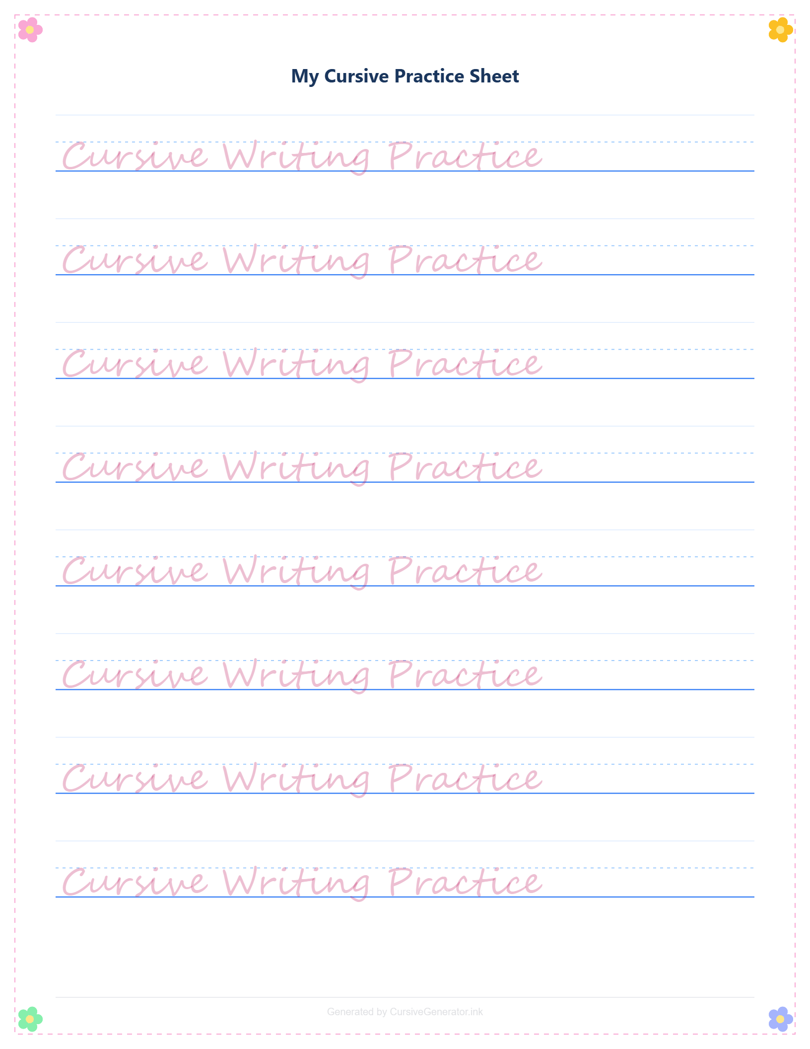 Pink floral cursive writing practice sheet design