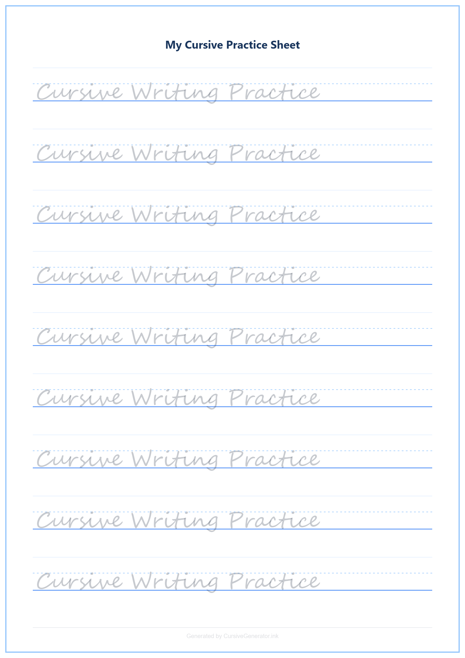 Simple blue border cursive practice sheet design